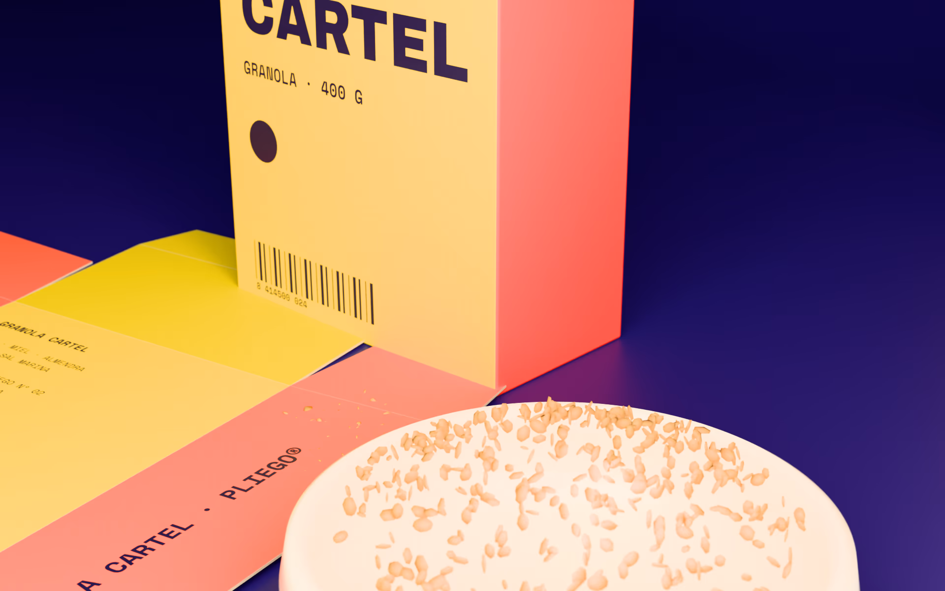 El estuche de Granola Cartel en el estudio, con un cuenco de desayuno y avena derramada