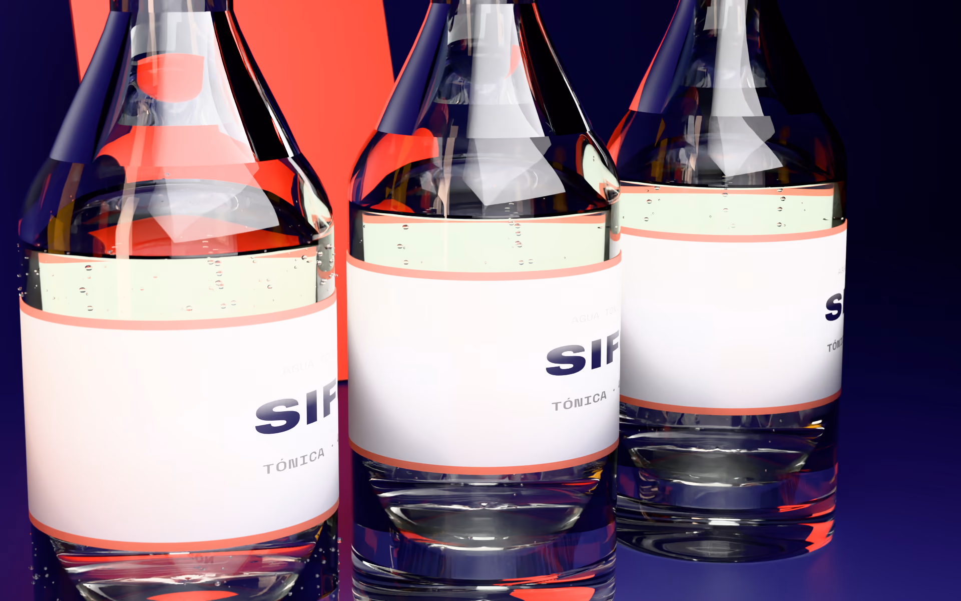 Tres botellas de Tónica Sifón en fila, etiqueta a etiqueta