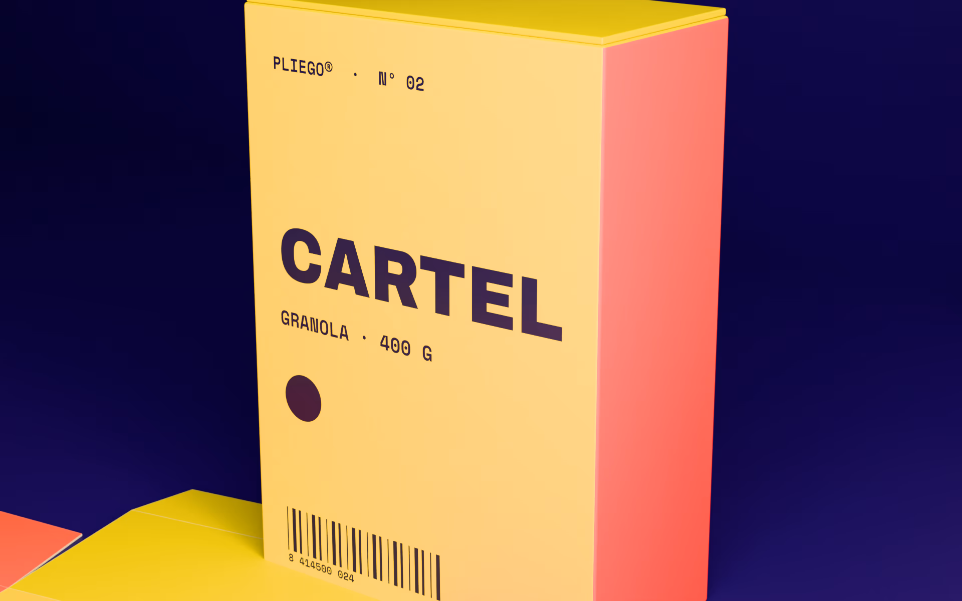 El estuche de Granola Cartel en el plató índigo — encuadre final del recorrido