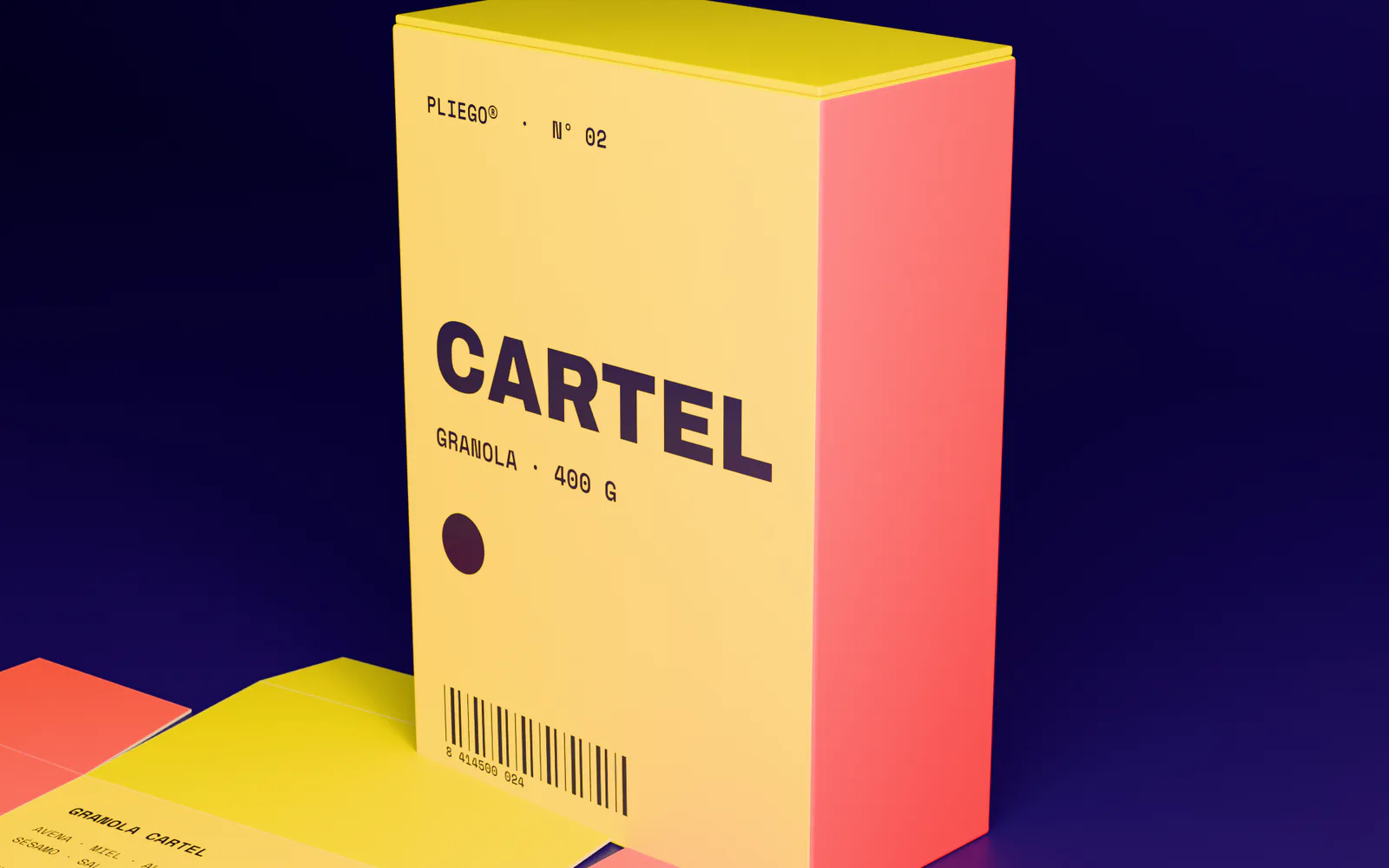 Estuche de Granola Cartel — render de estudio